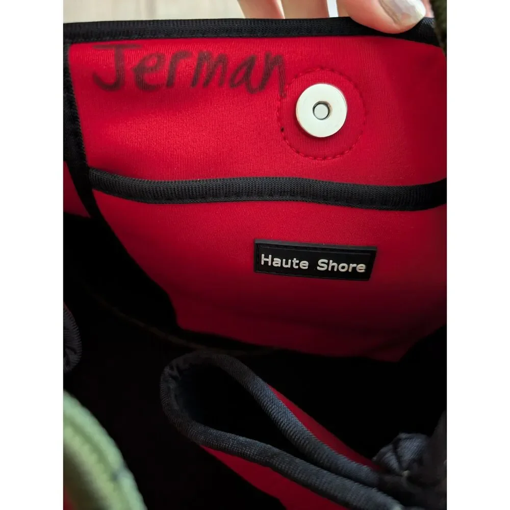 Haute Shore Greyson Soho Neoprene Tote Bag in Green Camo with Red Stripe (C4) - Picture 7 of 10